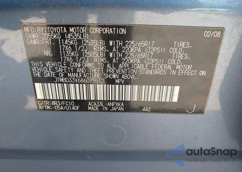 2008 Toyota Rav4 from USA, damaged, VIN JTMBD33V686075512